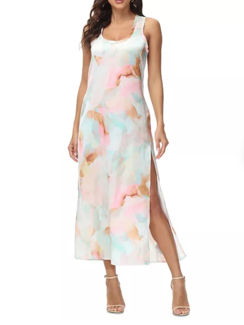 Frye Lela Sleeveless Pastel Watercolor Maxi Dress with Side Slit M